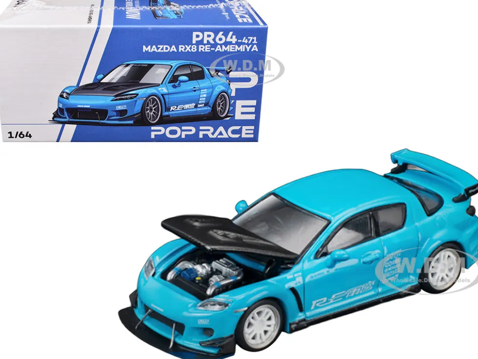 Mazda RX8 RE Amemiya RHD (Right Hand Drive) Light Blue with Carbon Hood "Tokyo Auto Salon 2026" 1/64 Diecast Model Car by Pop Race
