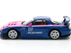 Mazda RX-7 RE-Amemiya Widebody RHD (Right Hand Drive) Blue with Pink Hood and Stripes 1/64 Diecast Model Car by Pop Race