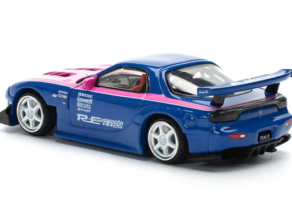 Mazda RX-7 RE-Amemiya Widebody RHD (Right Hand Drive) Blue with Pink Hood and Stripes 1/64 Diecast Model Car by Pop Race