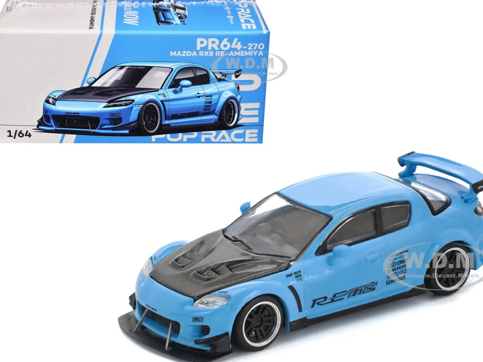 Mazda RX8 RE-Amemiya Widebody RHD (Right Hand Drive) Light Blue with Carbon Hood 1/64 Diecast Model Car by Pop Race