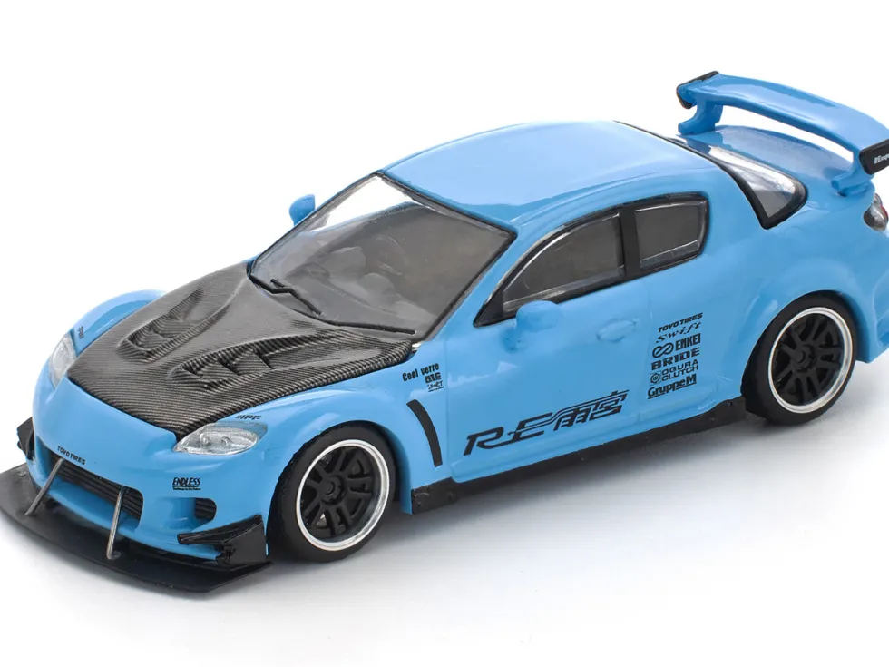 Mazda RX8 RE-Amemiya Widebody RHD (Right Hand Drive) Light Blue with Carbon Hood 1/64 Diecast Model Car by Pop Race