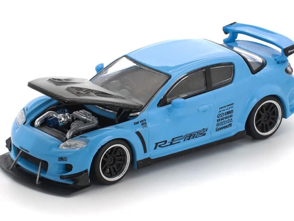 Mazda RX8 RE-Amemiya Widebody RHD (Right Hand Drive) Light Blue with Carbon Hood 1/64 Diecast Model Car by Pop Race