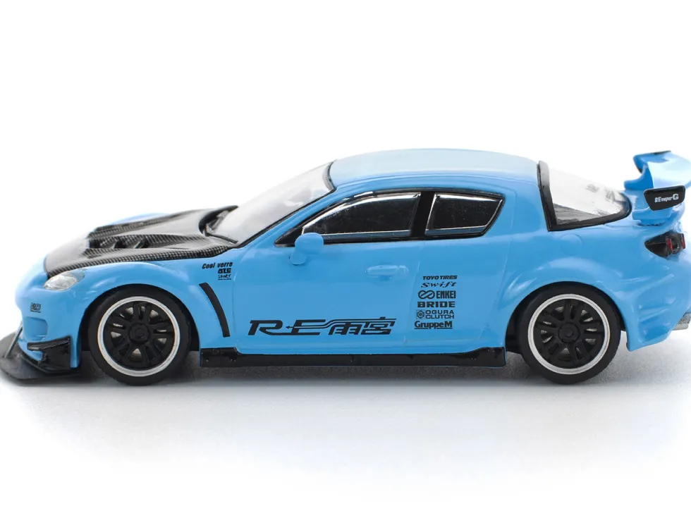Mazda RX8 RE-Amemiya Widebody RHD (Right Hand Drive) Light Blue with Carbon Hood 1/64 Diecast Model Car by Pop Race