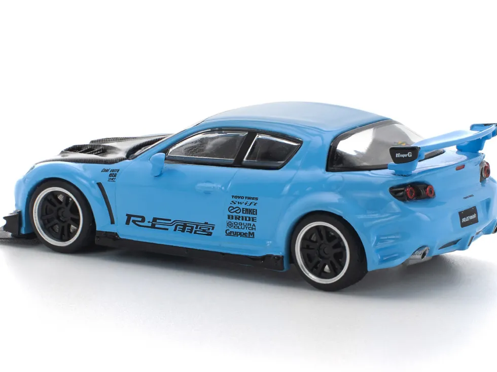 Mazda RX8 RE-Amemiya Widebody RHD (Right Hand Drive) Light Blue with Carbon Hood 1/64 Diecast Model Car by Pop Race