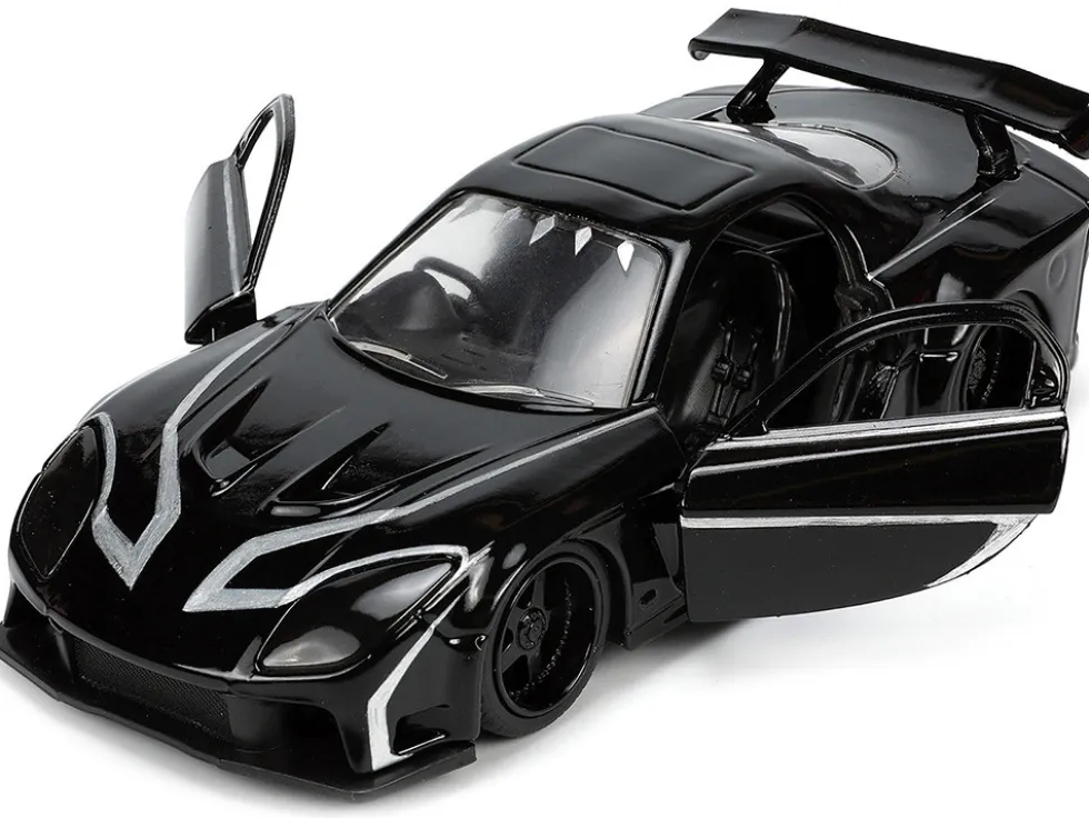 1995 Mazda RX 7 RHD Right Hand Drive Black and Black Panther Diecast Figure The Avengers Hollywood Rides Series 1/32 Diecast Model Car Jada 33078