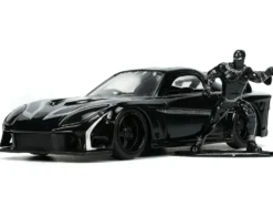 1995 Mazda RX 7 RHD Right Hand Drive Black and Black Panther Diecast Figure The Avengers Hollywood Rides Series 1/32 Diecast Model Car Jada 33078