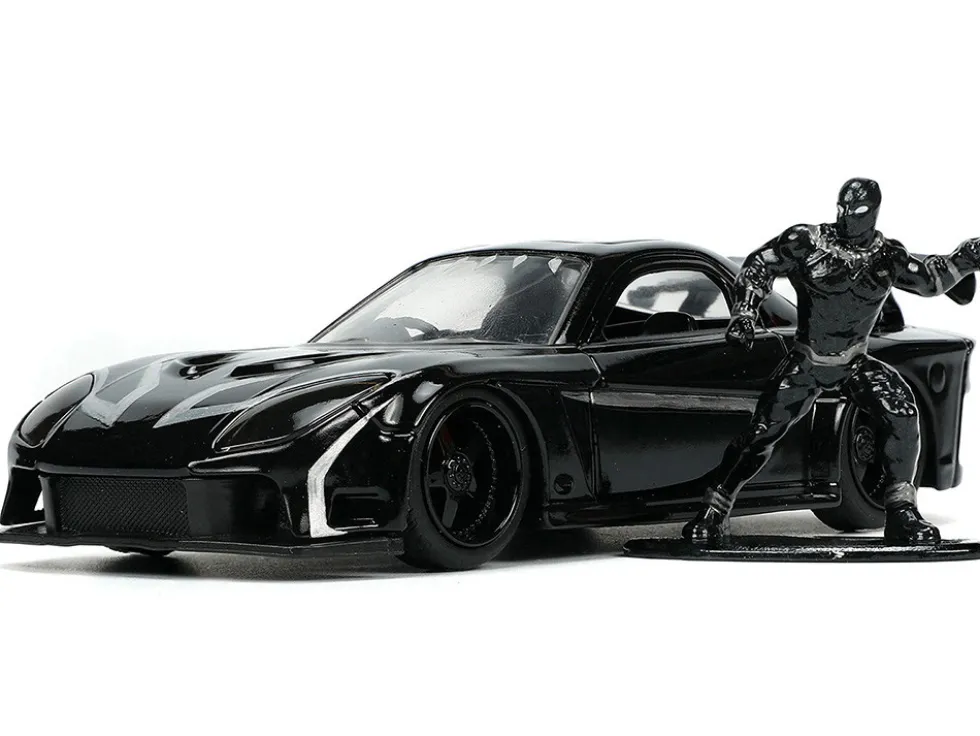 1995 Mazda RX 7 RHD Right Hand Drive Black and Black Panther Diecast Figure The Avengers Hollywood Rides Series 1/32 Diecast Model Car Jada 33078