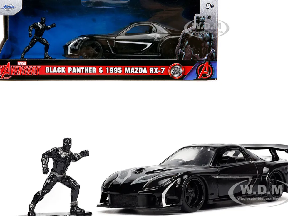 1995 Mazda RX 7 RHD Right Hand Drive Black and Black Panther Diecast Figure The Avengers Hollywood Rides Series 1/32 Diecast Model Car Jada 33078