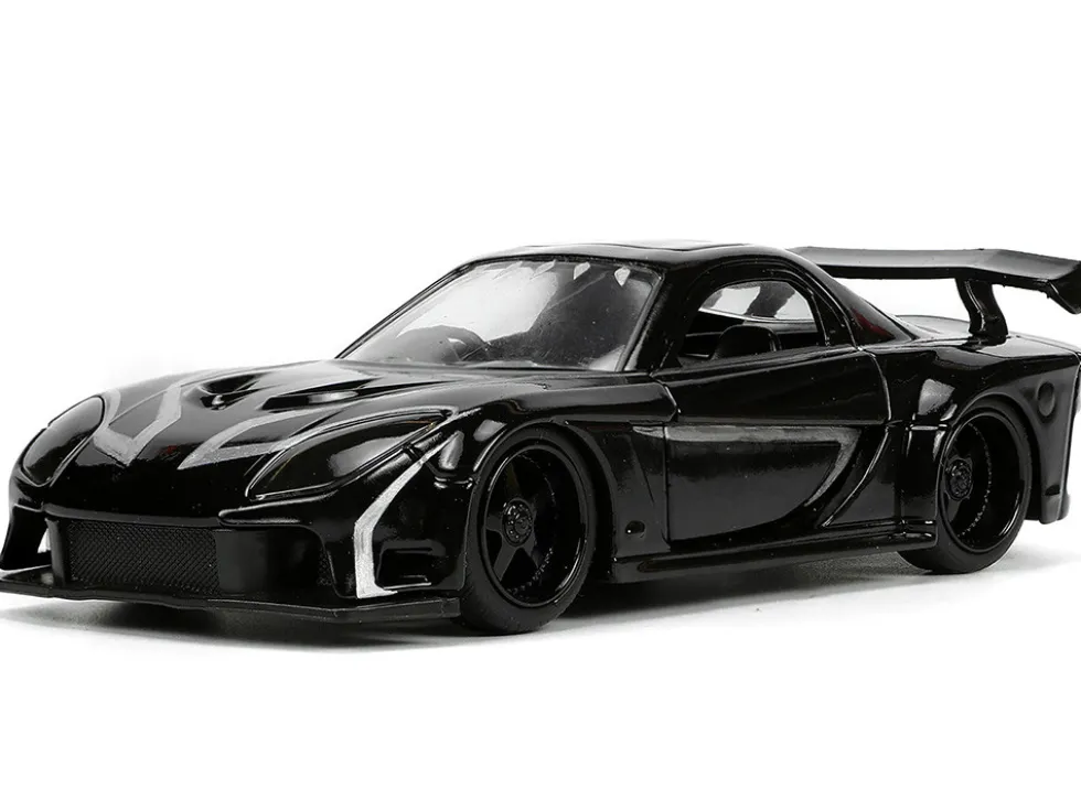 1995 Mazda RX 7 RHD Right Hand Drive Black and Black Panther Diecast Figure The Avengers Hollywood Rides Series 1/32 Diecast Model Car Jada 33078