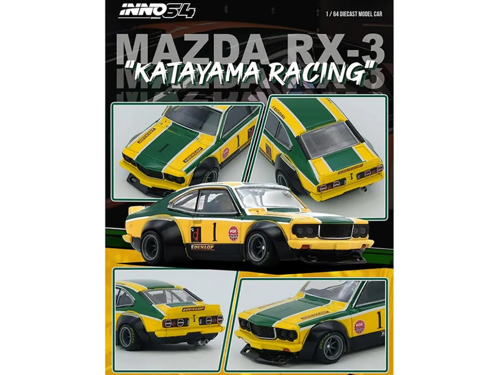 Mazda RX-3 Savanna RHD (Right Hand Drive) #1 "Katayama Racing Livery" Green and Yellow Striped 1/64 Diecast Model Car by Inno Models