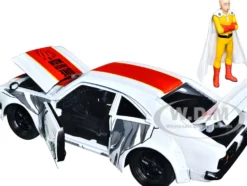 1974 Mazda RX-3 White Red Stripe Graphics Saitama Diecast Figure One Punch Man 2015-2019 TV Series 1/24 Diecast Model Car Jada 33688