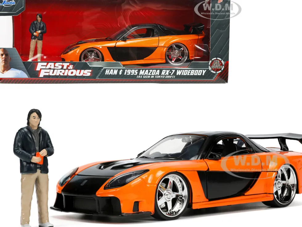 1995 Mazda RX-7 Widebody RHD Right Hand Drive Orange Metallic Black Han Diecast Figurine The Fast and the Furious Tokyo Drift 2006 Movie 1/24 Diecast Model Car Jada 33174