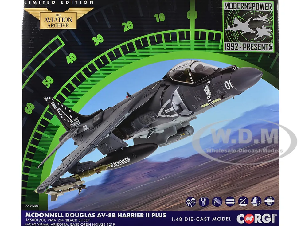 McDonnell Douglas AV-8B Harrier II Plus Aircraft "165001/01, VMA-214 Black Sheep, MCAS Yuma" (2019) United States Marine Corps "The Aviation Archive" Series 1/48 Diecast Model by Corgi