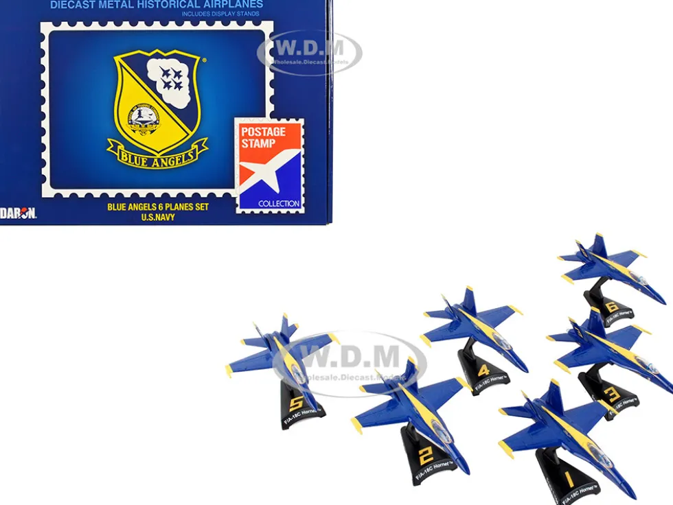 McDonnell Douglas F A 18 Hornet Aircraft Blue Angels United States Navy 6 piece Gift Set 1/150 Diecast Model Airplanes Postage Stamp PSBA001