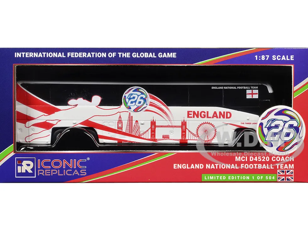MCI D4520 Coach Bus "England National Football Team" White with Graphics "International Federation of the Global Game" Series Limited Edition to 504 pieces Worldwide 1/87 (HO) Diecast Model by Iconic Replicas