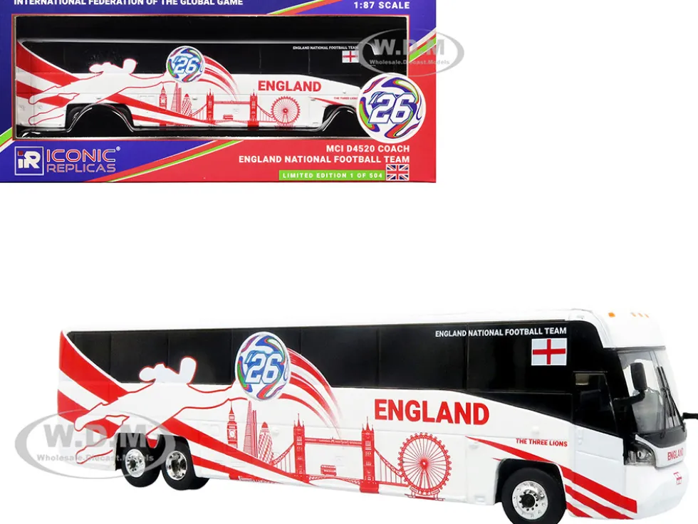 MCI D4520 Coach Bus "England National Football Team" White with Graphics "International Federation of the Global Game" Series Limited Edition to 504 pieces Worldwide 1/87 (HO) Diecast Model by Iconic Replicas