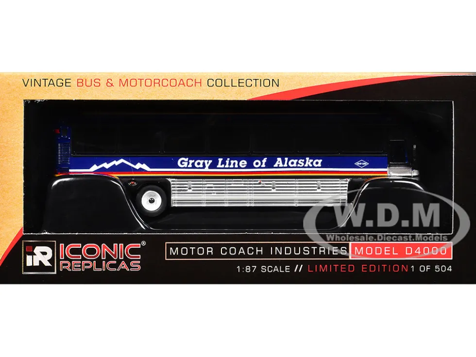 2001 MCI D4000 Coach Bus "Gray Line of Alaska" Dark Blue with Stripes "Vintage Bus & Motorcoach Collection" Limited Edition to 504 pieces Worldwide 1/87 (HO) Diecast Model by Iconic Replicas
