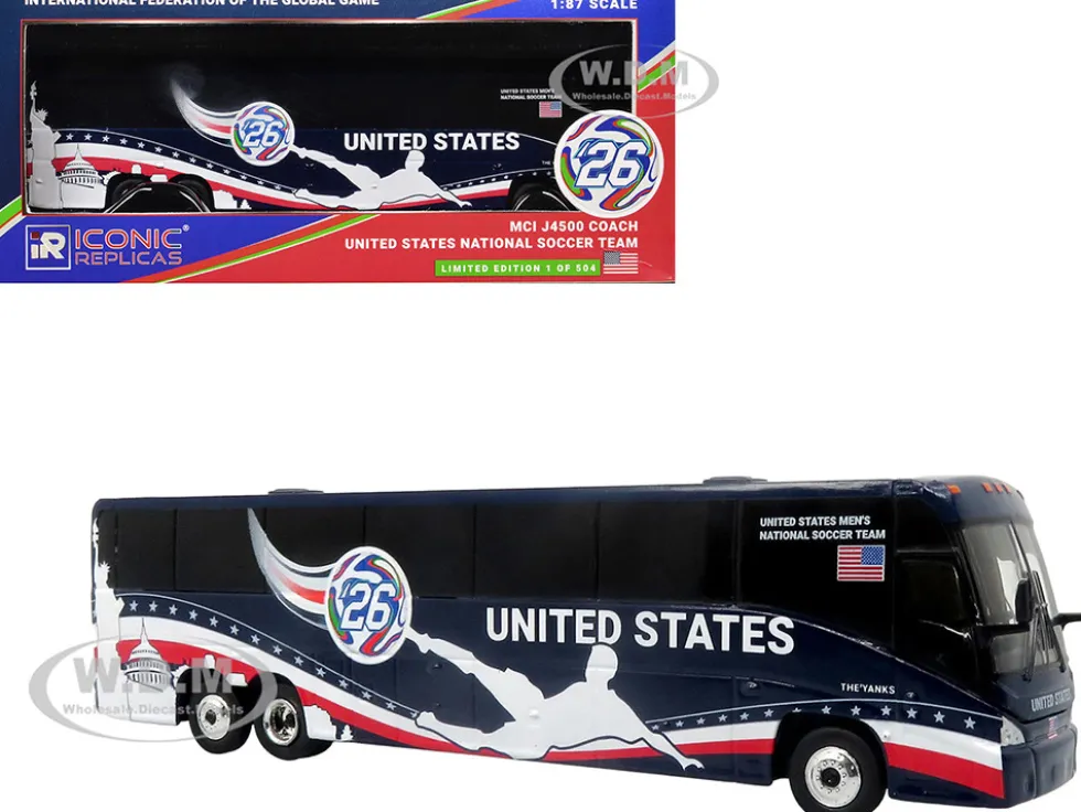 MCI J4500 Coach Bus "United States National Soccer Team" Dark Blue with Graphics "International Federation of the Global Game" Series Limited Edition to 504 pieces Worldwide 1/87 (HO) Diecast Model by Iconic Replicas