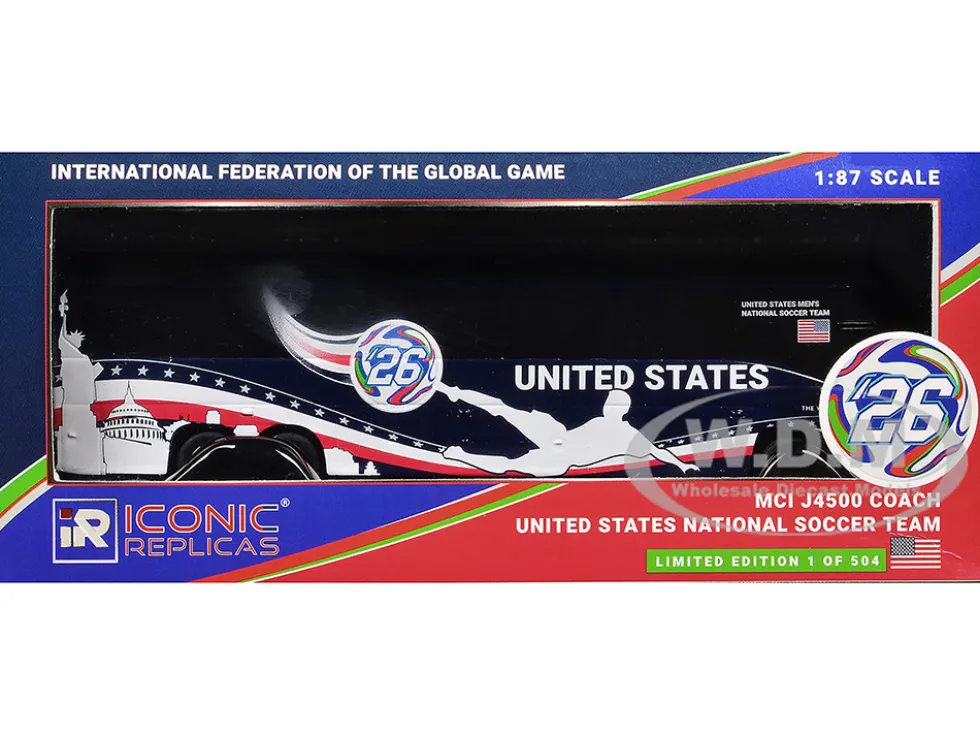 MCI J4500 Coach Bus "United States National Soccer Team" Dark Blue with Graphics "International Federation of the Global Game" Series Limited Edition to 504 pieces Worldwide 1/87 (HO) Diecast Model by Iconic Replicas