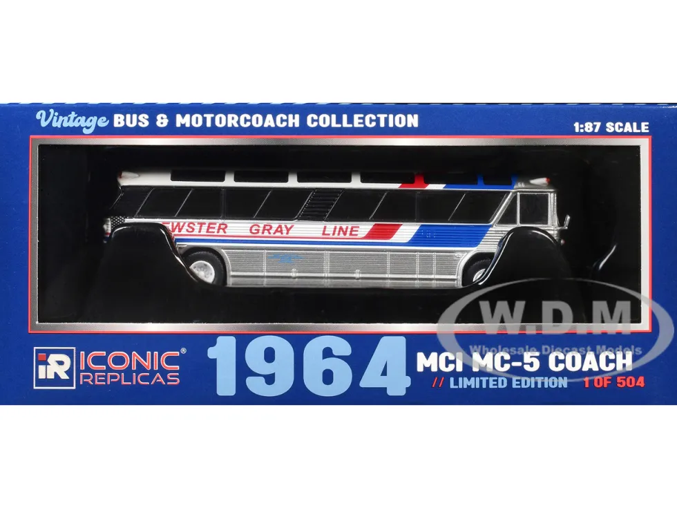 1964 MCI MC-5A Coach Bus "Brewster Gray Line" Silver with Blue and Red Stripes "Vintage Bus & Motorcoach Collection" Limited Edition to 504 pieces Worldwide 1/87 (HO) Diecast Model by Iconic Replicas