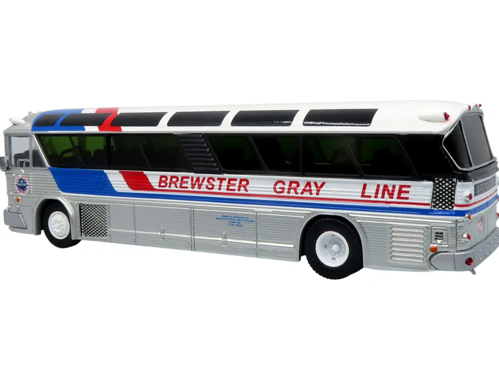 1964 MCI MC-5A Coach Bus "Brewster Gray Line" Silver with Blue and Red Stripes "Vintage Bus & Motorcoach Collection" Limited Edition to 504 pieces Worldwide 1/87 (HO) Diecast Model by Iconic Replicas