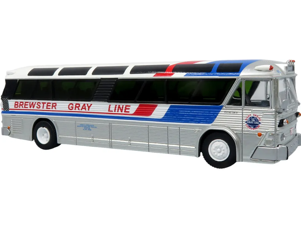 1964 MCI MC-5A Coach Bus "Brewster Gray Line" Silver with Blue and Red Stripes "Vintage Bus & Motorcoach Collection" Limited Edition to 504 pieces Worldwide 1/87 (HO) Diecast Model by Iconic Replicas