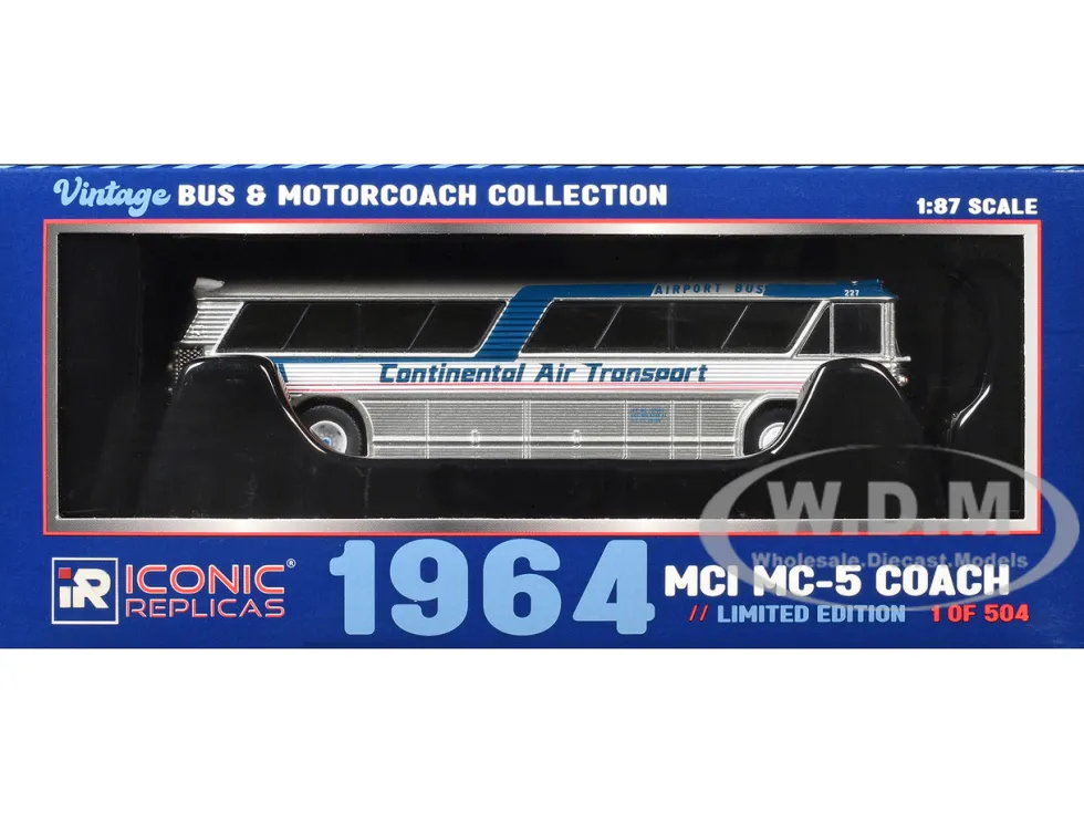 1964 MCI MC-5A Coach Bus "Continental Air Transport" Silver with Blue Stripes "Vintage Bus & Motorcoach Collection" Limited Edition to 504 pieces Worldwide 1/87 (HO) Diecast Model by Iconic Replicas