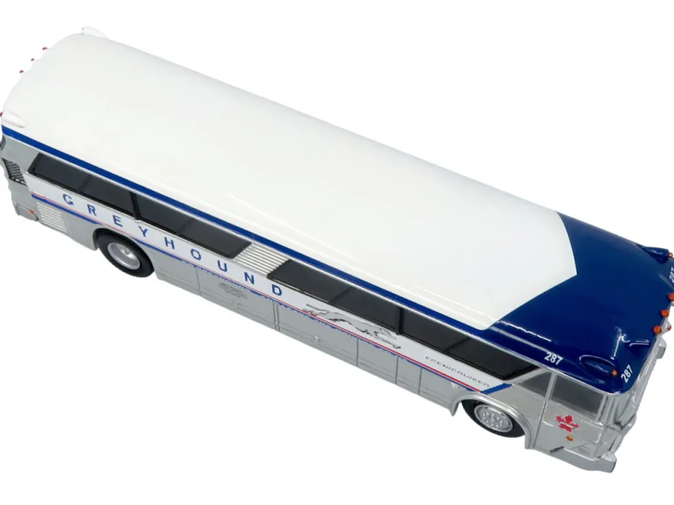 1964 MCI MC-5A Coach Bus "Greyhound Canada" White with Blue Stripes "Vintage Bus & Motorcoach Collection" Limited Edition to 504 pieces Worldwide 1/87 (HO) Diecast Model by Iconic Replicas