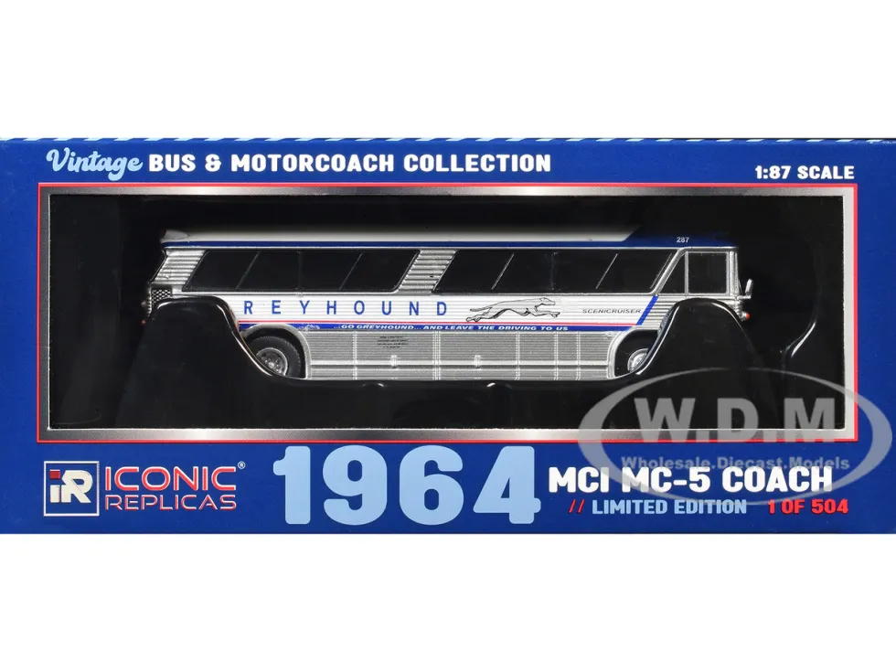 1964 MCI MC-5A Coach Bus "Greyhound Canada" White with Blue Stripes "Vintage Bus & Motorcoach Collection" Limited Edition to 504 pieces Worldwide 1/87 (HO) Diecast Model by Iconic Replicas