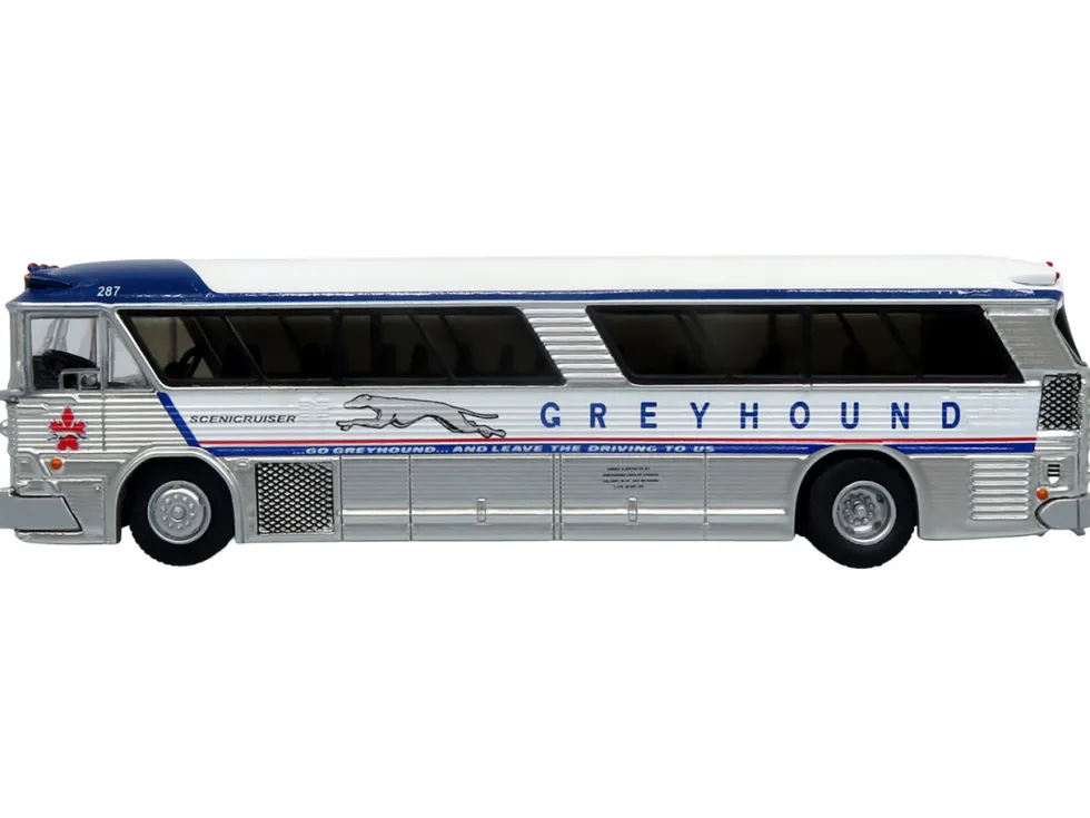 1964 MCI MC-5A Coach Bus "Greyhound Canada" White with Blue Stripes "Vintage Bus & Motorcoach Collection" Limited Edition to 504 pieces Worldwide 1/87 (HO) Diecast Model by Iconic Replicas