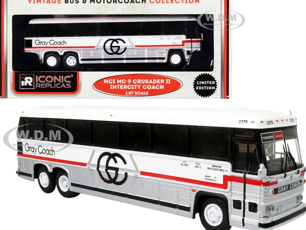 1980 MCI MC-9 Crusader II Intercity Coach Bus Toronto Guelph Ontario Canada Gray Coach Vintage Bus & Motorcoach Collection 1/87 HO Diecast Model Iconic Replicas 87-0330