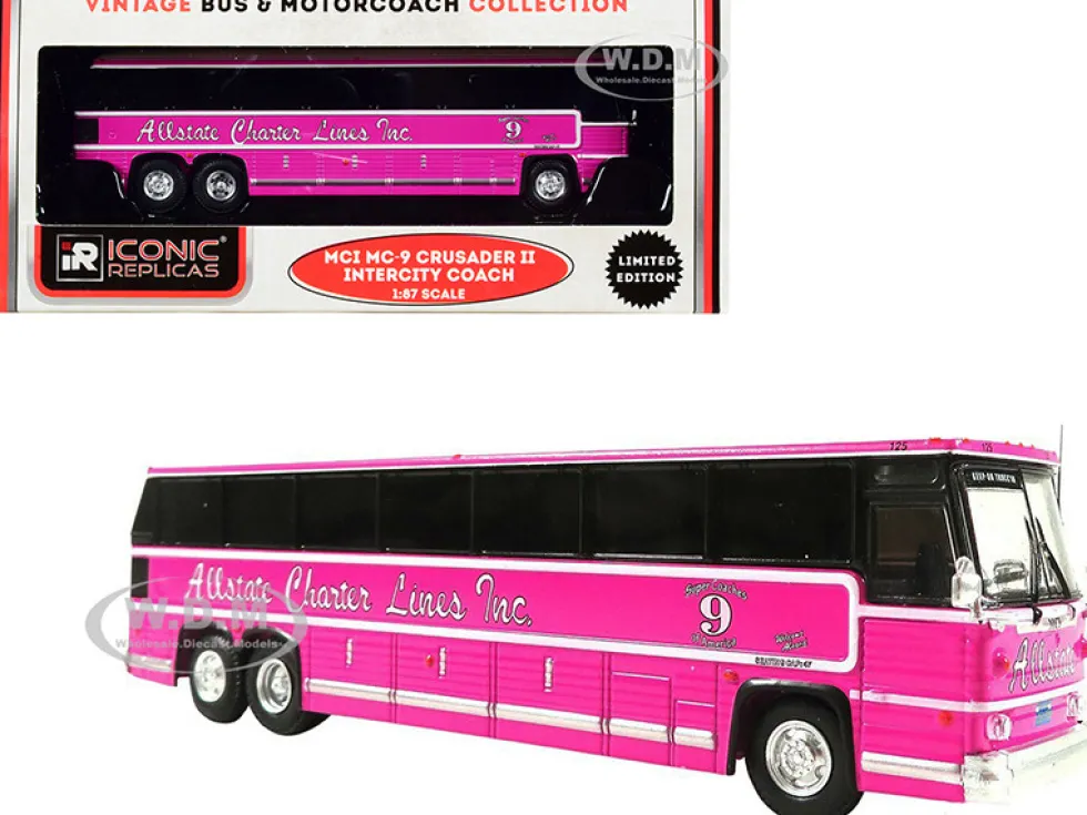 1980 MCI MC-9 Crusader II Intercity Coach Bus Pink Allstate Charter Lines Inc. Vintage Bus & Motorcoach Collection 1/87 HO Diecast Model Iconic Replicas 87-0272