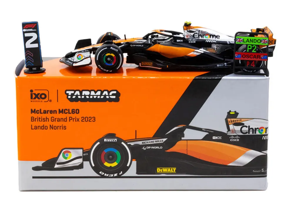 McLaren MCL60 #4 Lando Norris 2nd Place Formula One F1 "British GP" (2023) with Pitboards "Global64" Series 1/64 Diecast Model Car by Tarmac Works