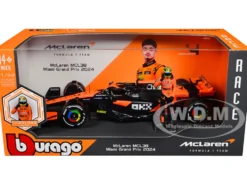 McLaren MCL38 #4 Lando Norris "OKX" Winner Formula One F1 "Miami GP" (2024) with Driver Figure "Race" Series 1/24 Diecast Model Car by Bburago