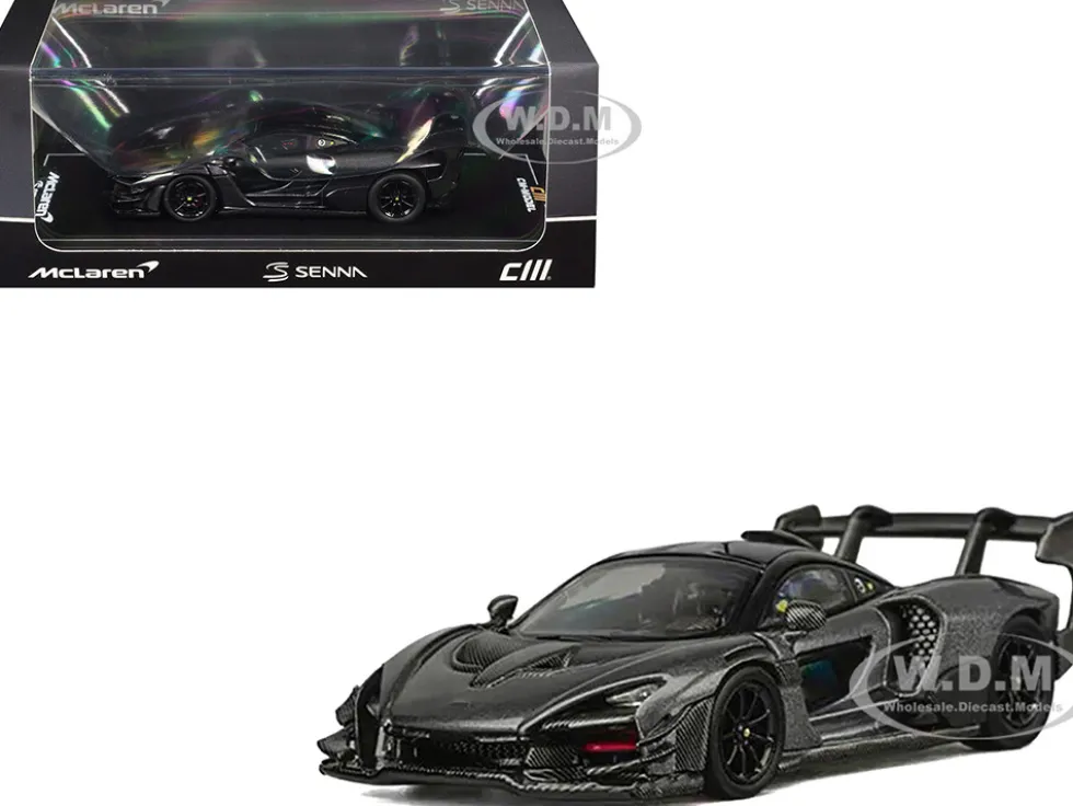 McLaren Senna GTR Dark Gray Metallic with Carbon Hood and Black Top 1/64 Diecast Model Car by CM Model
