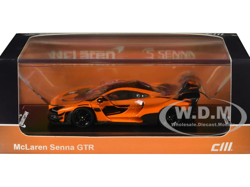 McLaren Senna GTR Orange Metallic with Carbon Hood and Black Top 1/64 Diecast Model Car by CM Model