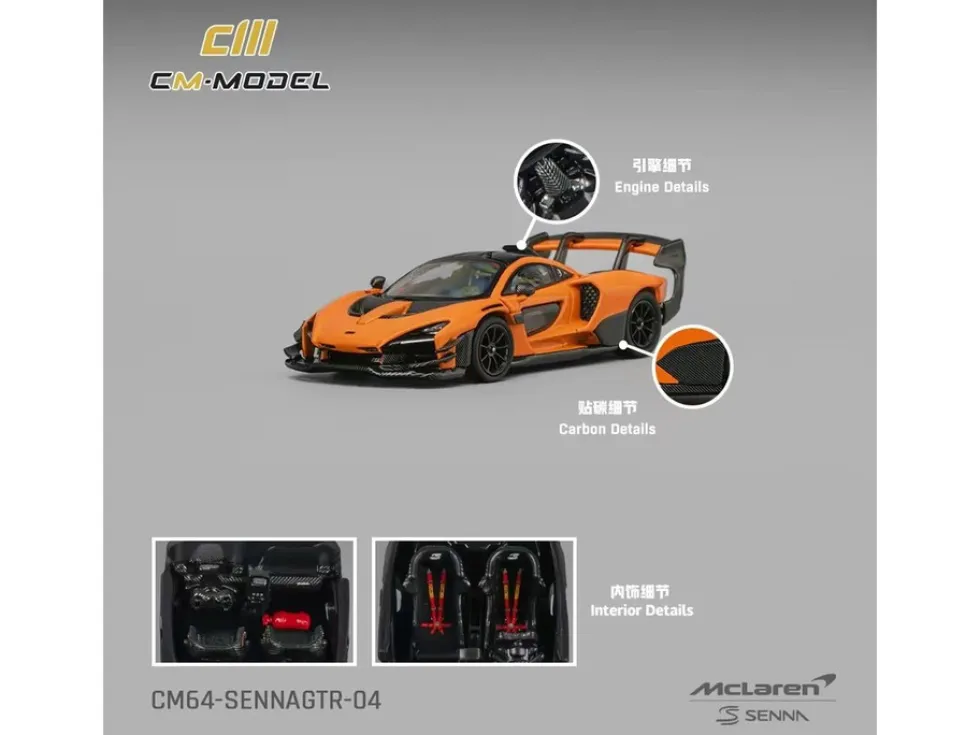 McLaren Senna GTR Orange Metallic with Carbon Hood and Black Top 1/64 Diecast Model Car by CM Model