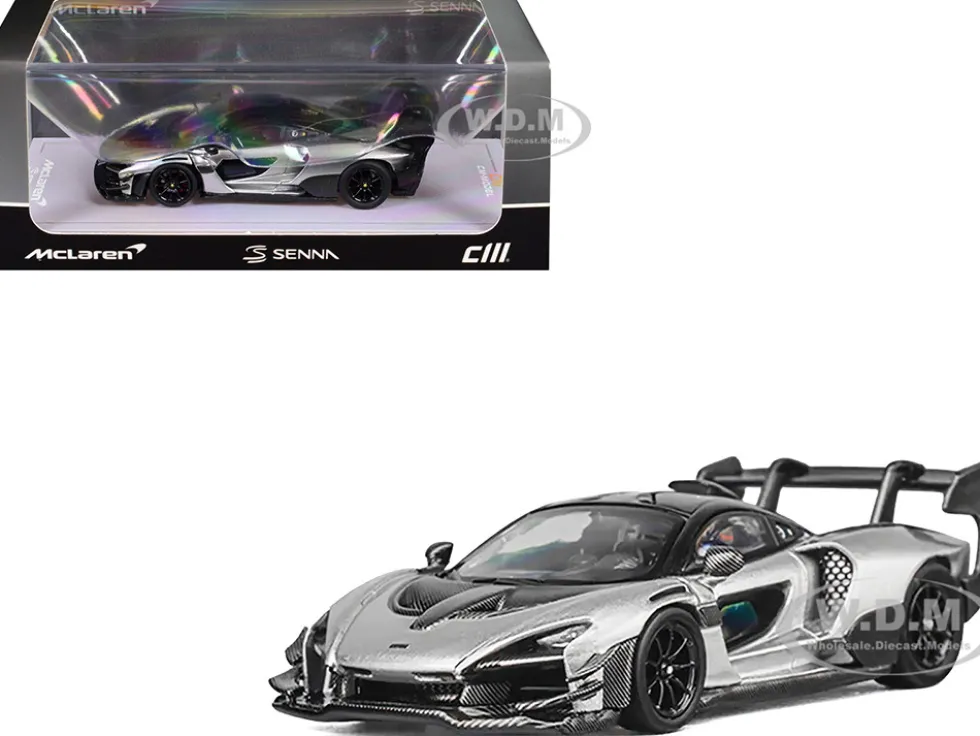 McLaren Senna GTR Silver Gray Metallic with Carbon Hood and Black Top 1/64 Diecast Model Car by CM Model