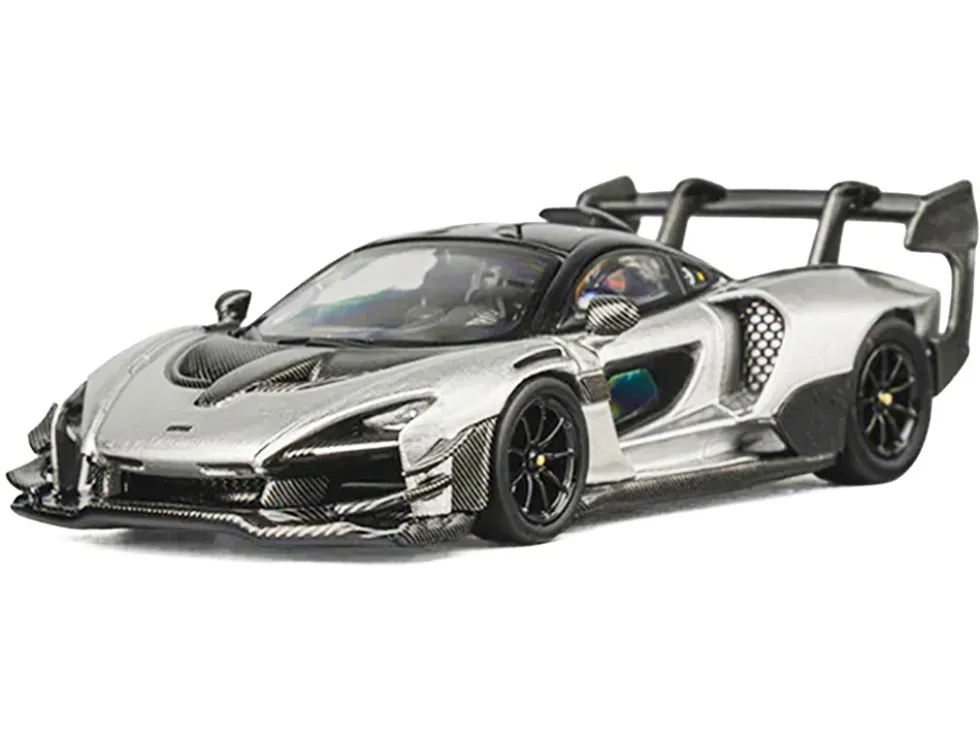 McLaren Senna GTR Silver Gray Metallic with Carbon Hood and Black Top 1/64 Diecast Model Car by CM Model