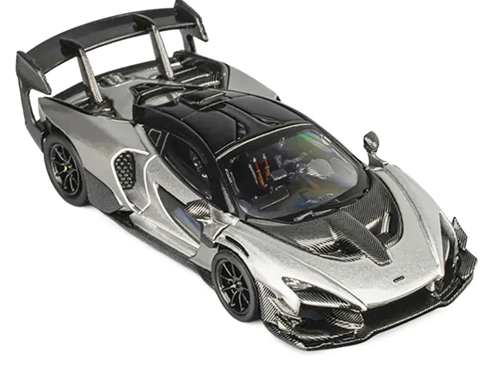 McLaren Senna GTR Silver Gray Metallic with Carbon Hood and Black Top 1/64 Diecast Model Car by CM Model