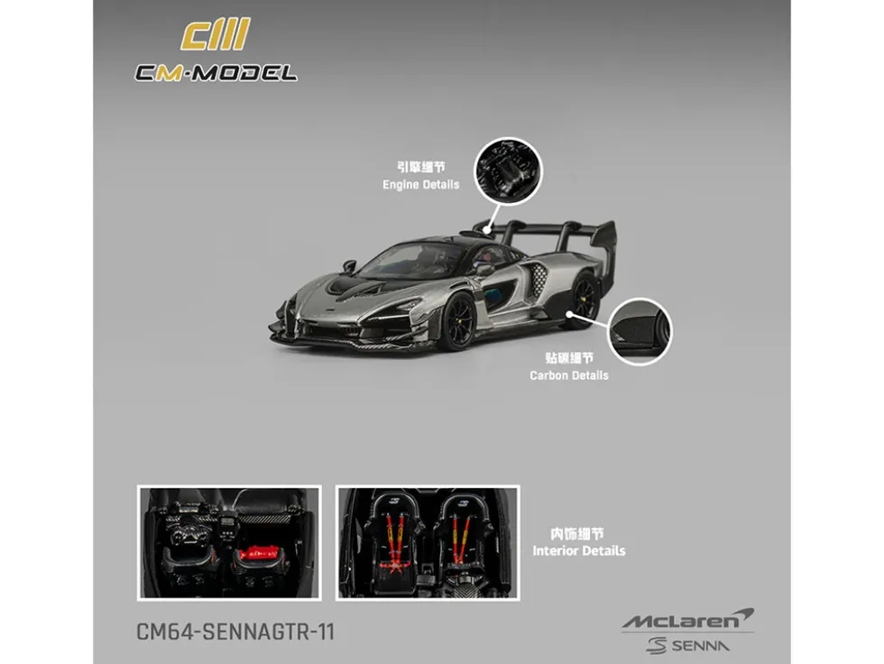 McLaren Senna GTR Silver Gray Metallic with Carbon Hood and Black Top 1/64 Diecast Model Car by CM Model