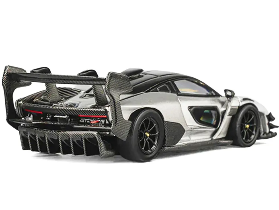 McLaren Senna GTR Silver Gray Metallic with Carbon Hood and Black Top 1/64 Diecast Model Car by CM Model