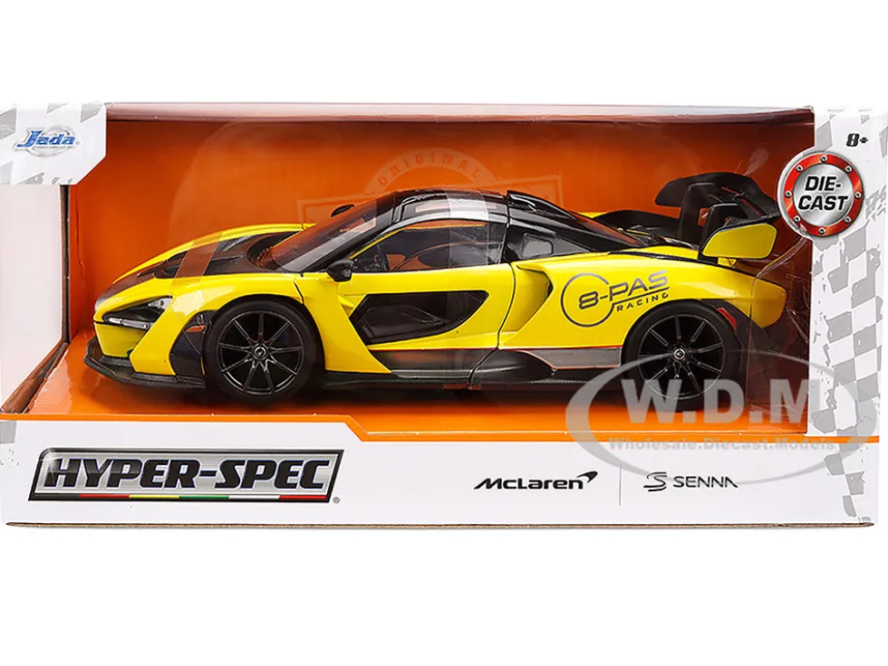 McLaren Senna "8-PAS Racing" Yellow Metallic with Black Top "Hyper-Spec" Series 1/24 Diecast Model Car by Jada