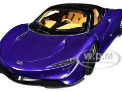 McLaren Speedtail Lantana Purple Metallic with Black Top and Yellow Interior and Suitcase Accessories 1/18 Model Car Autoart 76089