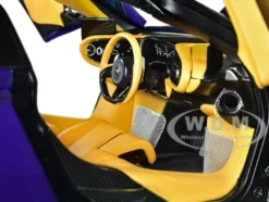 McLaren Speedtail Lantana Purple Metallic with Black Top and Yellow Interior and Suitcase Accessories 1/18 Model Car Autoart 76089