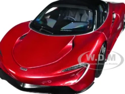 McLaren Speedtail Volcano Red Metallic with Black Top and Suitcase Accessories 1/18 Model Car Autoart 76087