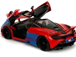 McLaren 720S Red and Blue with Black Top and Graphics and Spider-Man Diecast Figure "Marvel Spider-Man" "Hollywood Rides" Series 1/24 Diecast Model Car by Jada
