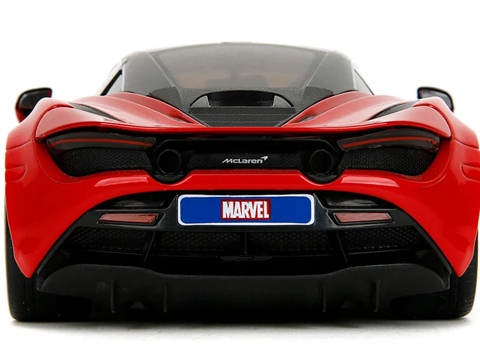 McLaren 720S Red and Blue with Black Top and Graphics and Spider-Man Diecast Figure "Marvel Spider-Man" "Hollywood Rides" Series 1/24 Diecast Model Car by Jada
