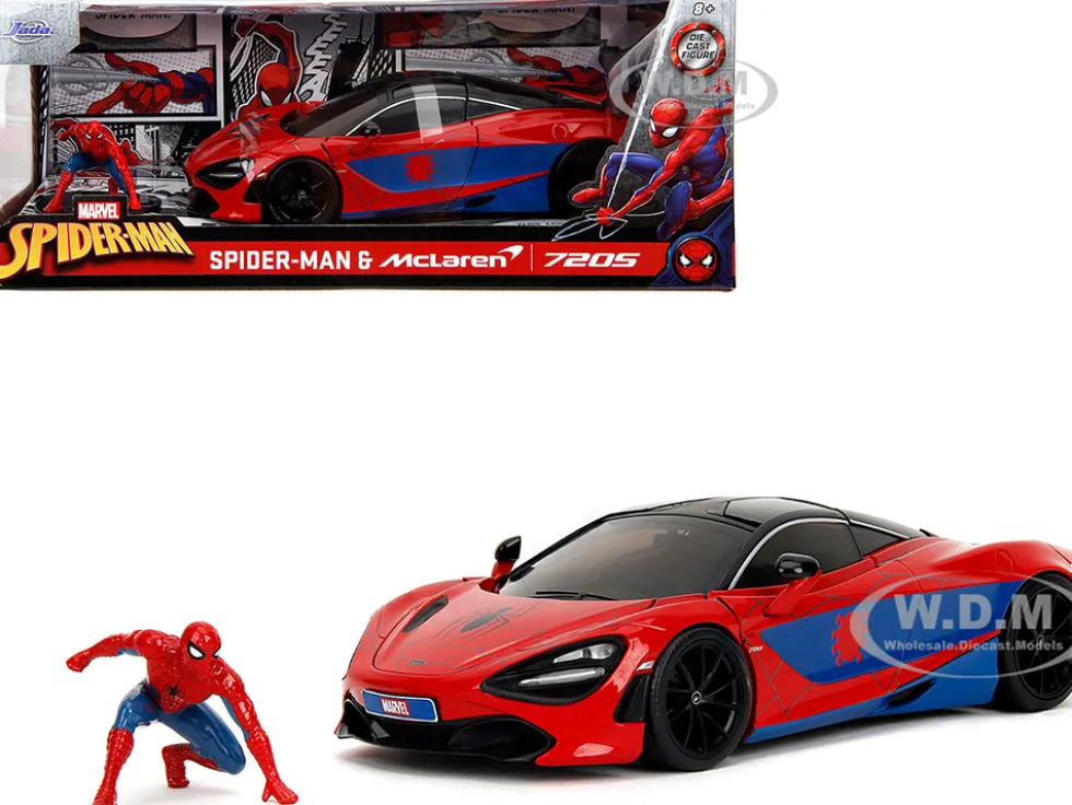 McLaren 720S Red and Blue with Black Top and Graphics and Spider-Man Diecast Figure "Marvel Spider-Man" "Hollywood Rides" Series 1/24 Diecast Model Car by Jada