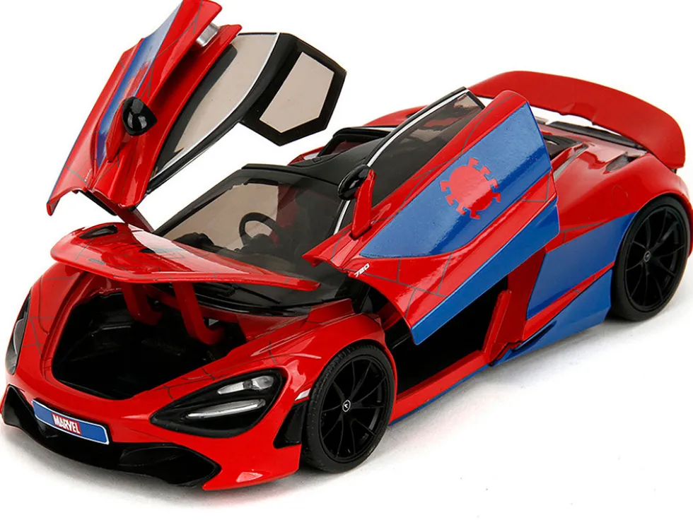 McLaren 720S Red and Blue with Black Top and Graphics and Spider-Man Diecast Figure "Marvel Spider-Man" "Hollywood Rides" Series 1/24 Diecast Model Car by Jada